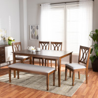 Baxton Studio RH316C-Grey/Walnut-6PC Dining Set Reneau Modern and Contemporary Grey Fabric Upholstered and Walnut Brown Finished Wood 6-Piece Dining Set